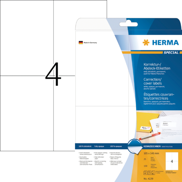 Etiquette HERMA 4229 105x148mm A6 correctrice blanc 100 pièces