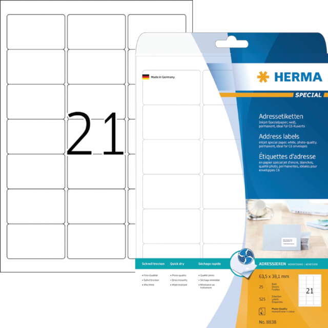 Etiket HERMA 8838 63.5x38.1mm mat wit 525stuks