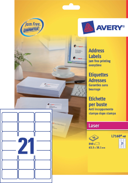 Etiket Avery L7160-40 63.5x38.1mm wit 840stuks