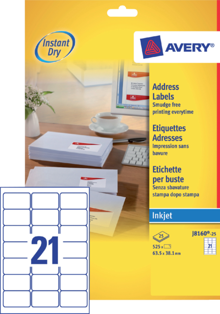 Etiquette Avery J8160-25 63,5x38,1mm blanc 525 pièces