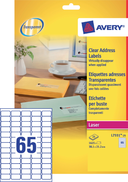 Etiquette Avery L7551-25 38,1x21,1mm transparent 1625 pièces