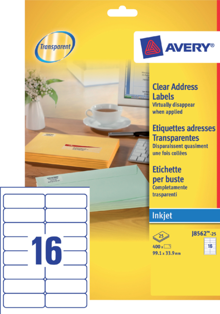 Etiket Avery J8562-25 99.1x33.9mm transparant 400stuks