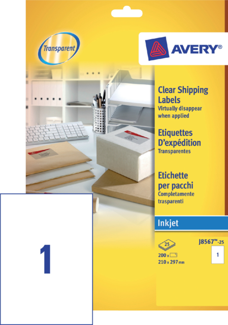 Etiket Avery J8567-25 210x297mm A4 transparant 25stuks