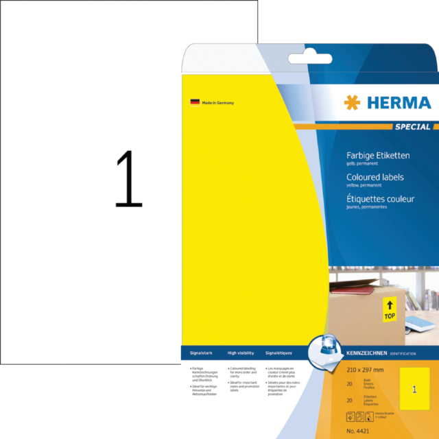 Etiket HERMA 4421 210x297mm verwijderbaar A4 geel 20stuks