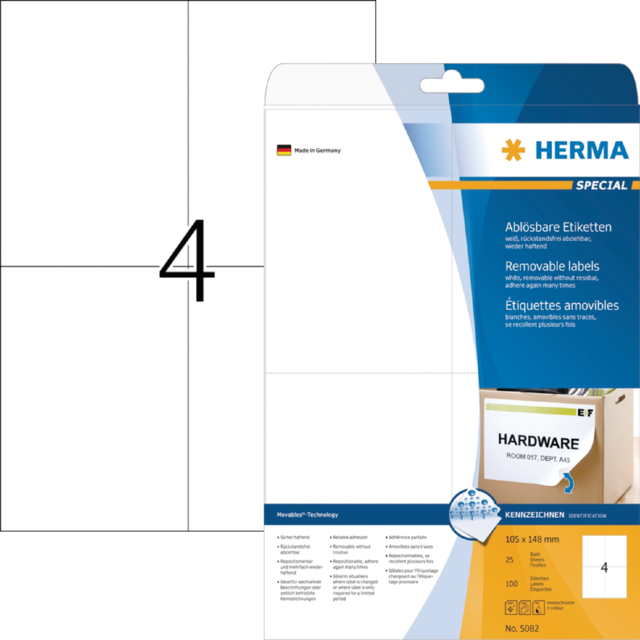 Etiket HERMA 5082 105x148mm A6 verwijderbaar wit 100 etiketten