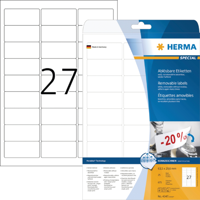 Etiket HERMA 4347 63.5x29.6mm verwijderbaar wit 675 etiketten