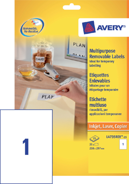 Etiket Avery L4735REV-25 210x297mm A4 afneembaar wit 25stuks