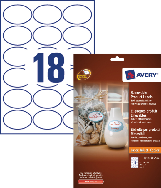 Etiket Avery L7101REV-20 63.5x42.3mm afneembaar mat wit 360stuks