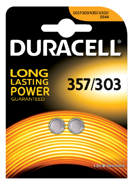 Pile bouton Duracell 2x 357/303 oxyde d'argent Ø11,6mm 2 pièces