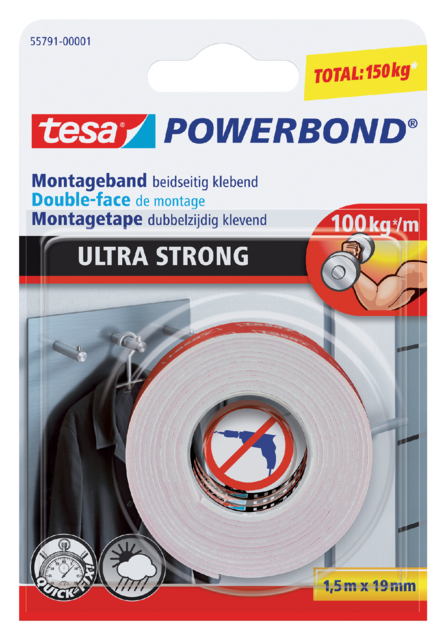 Plakband tesa® Powerbond Ultra Strong dubbelzijdig 1,5mx19mm wit