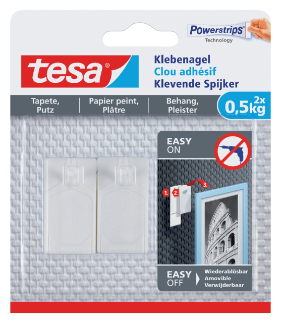 Klevende spijker tesa® behang en pleisterwerk 0,5kg wit 2 stuks