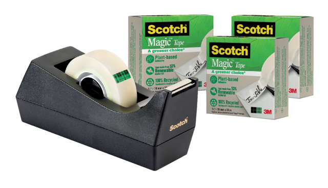 Plakbandhouder Scotch C38 recycled zwart + 3rol magic tape 900 19mmx33m