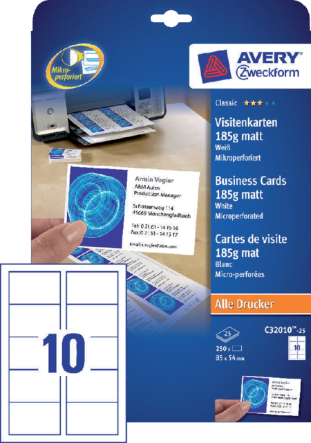 Carte de visite Avery Zweckform C32010-25 85x54mm 185g 250 pièces