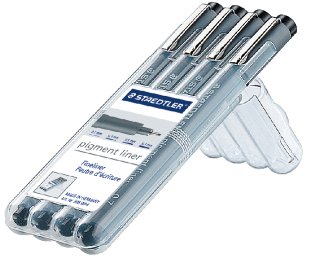 Fineliner Staedtler Pigment 308 zwart set 4 stuks