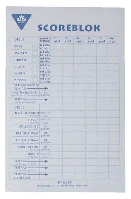 Bloc de score Yahtzee 250 feuilles