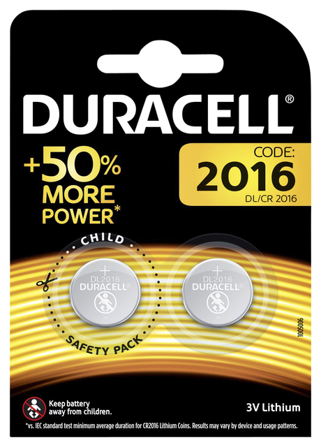 Batterij Duracell knoopcel 2xCR2016 lithium Ø20mm 3V-90mAh