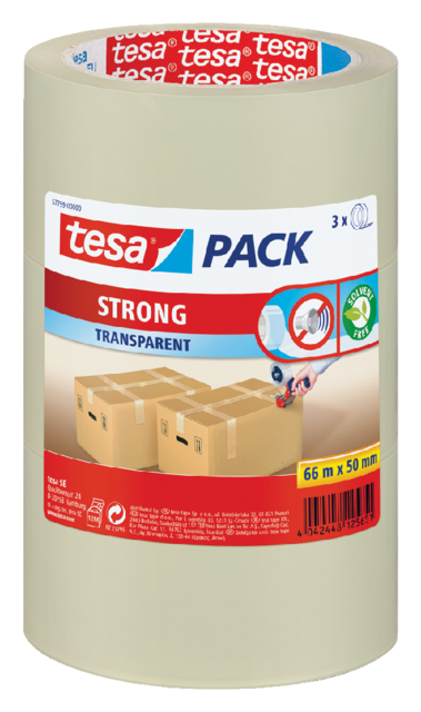 Ruban d'emballage tesapack® Strong 66mx50mm PP transparent 3 rouleaux