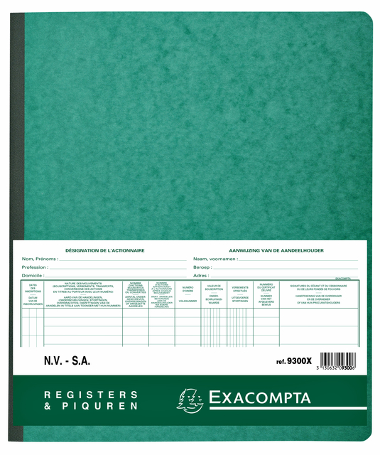 Registre Piqûre actionnaires NV/SA 250x320mm 80 feuilles vert