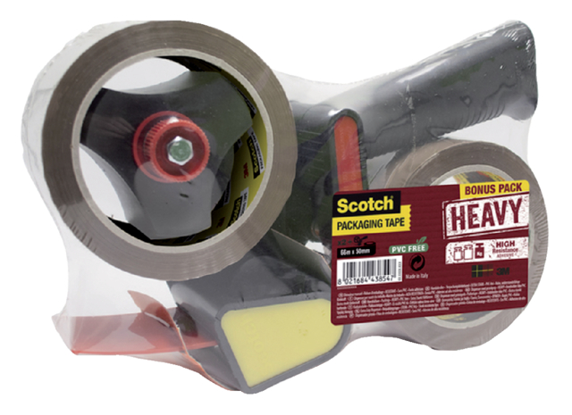 Verpakkingstape dispenser Scotch met 2 rollen Secure seal tape 50mmx66m bruin