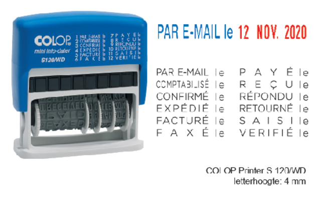 Cachet à Formules+Date Colop S120 Mini-Info dateur 4mm FR