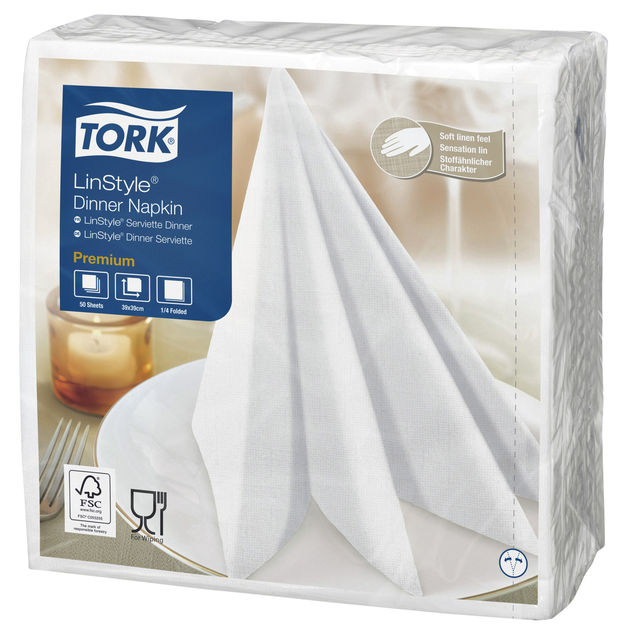 Serviette Tork 478711 LinStyle Premium 1 épaisseur pli 1/4 390x390mm blanc 50 pièces