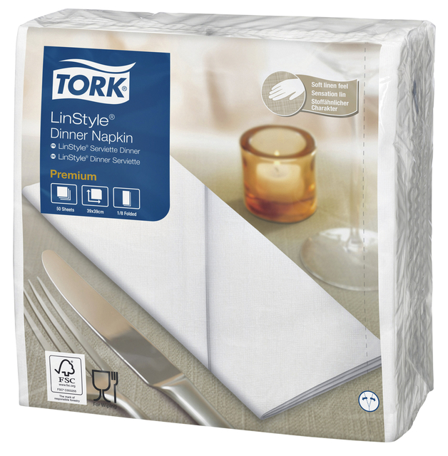 Serviette Tork 478145 LinStyle Dinner 1 épaisseur Pli 1/8 blanc 50 pièces