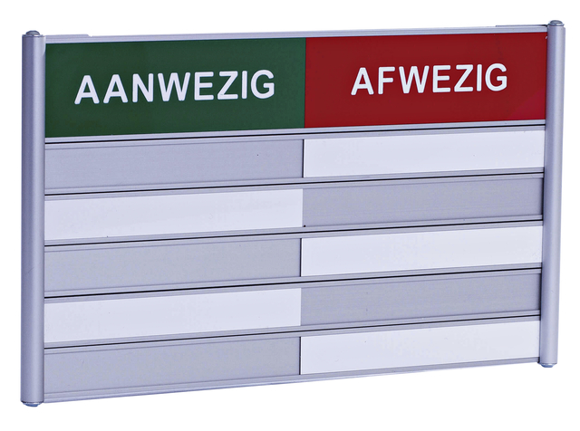 Aan- afwezigheidsbord voor 5 namen