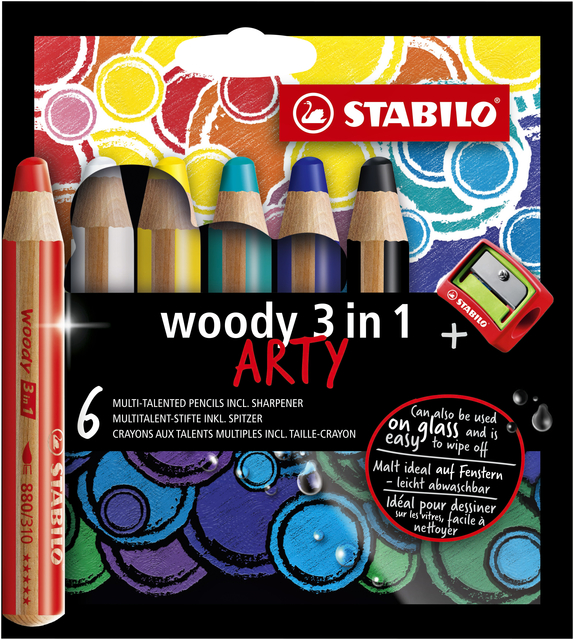 Kleurpotloden STABILO 880 woody 3 in 1 Arty inclusief puntenslijper assorti etui à 6 stuks