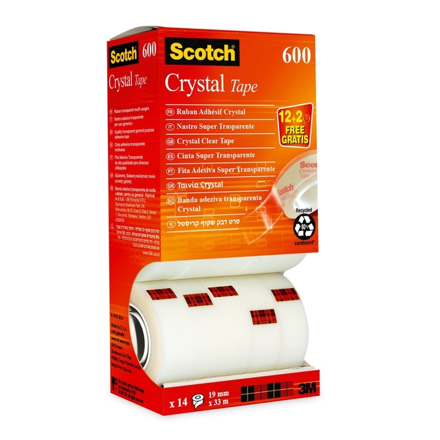 Plakband Scotch Crystal 600 19mmx33m transparant 12+2 gratis