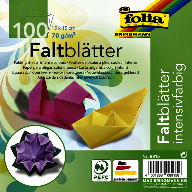 Feuilles de pliage Folia 70g 15x15cm assorti 100 feuilles