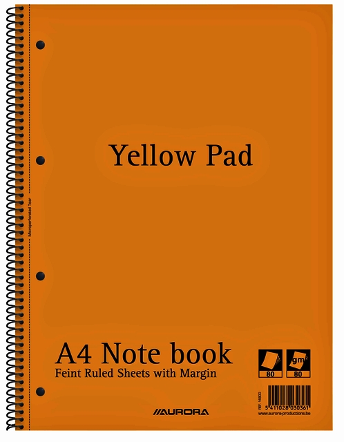 Bloc spirale Aurora Yellow Pad A4 ligné 4 perf 160 pages 80g jaune