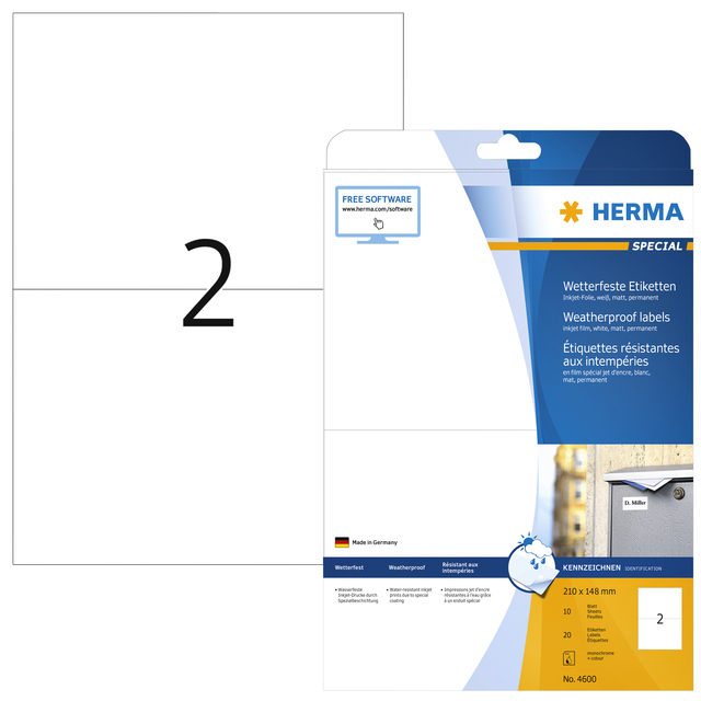 Etiquette HERMA 4600 210x148mm A4 synthétique 20 pièces blanc