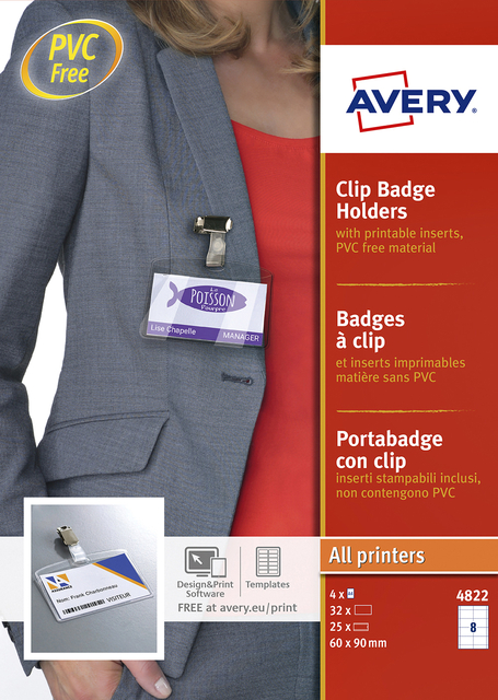 Badge à clip Avery 4822 60x90mm 25 pièces + 32 cartes à insérer