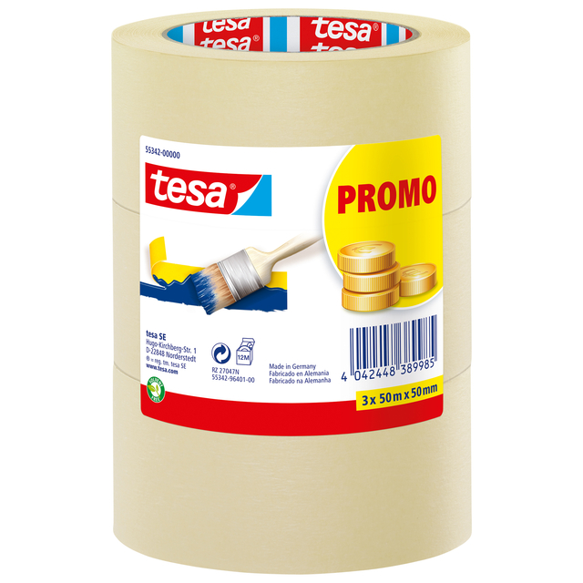 Afplaktape tesa®  Economy 50mmx50m geel 3 rollen