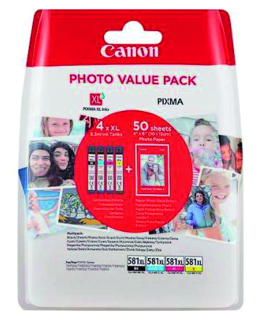 Inktcartridge Canon CLI-581XL 4 kleuren +50 vel fotopapier 10x15cm