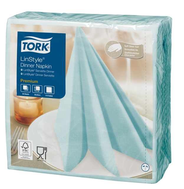 Dinerservet Tork Linstyle Premium 1/4 vouw 1-laags 390x390mm 50 vel aquablauw 478880