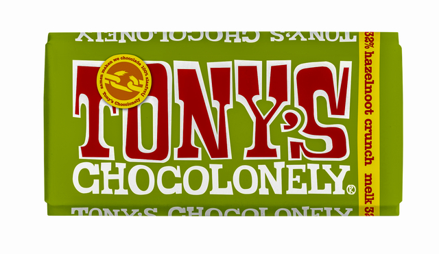 Chocolade Tony's Chocolonely melk hazelnoot crunch reep 180gr