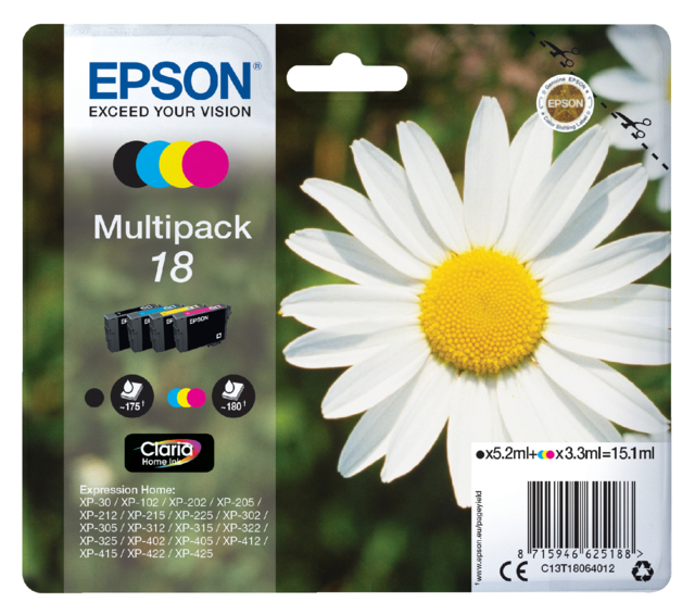 Inktcartridge Epson 18 T1806 zwart + 3 kleuren