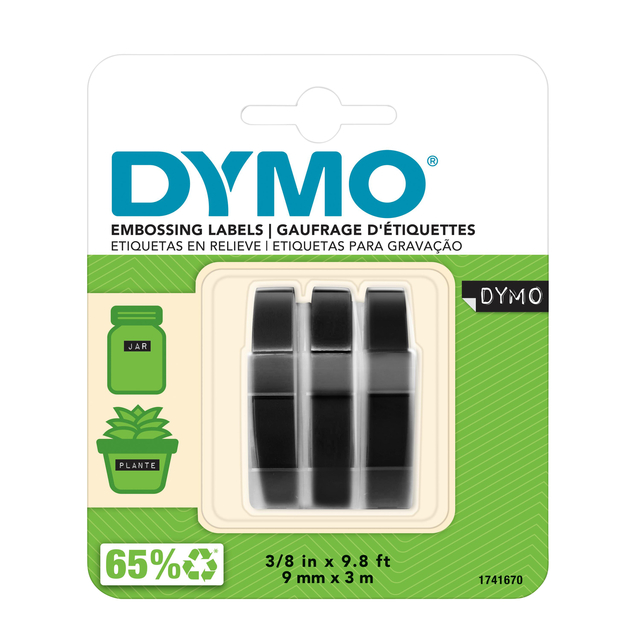 Reliëftape Dymo embossing plastic 9mm zwart op wit 3 stuks