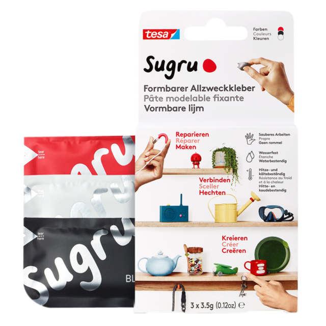 Kneedbare hobbylijm Sugru by tesa® sterke alleslijm 3 pakken zwart wit rood