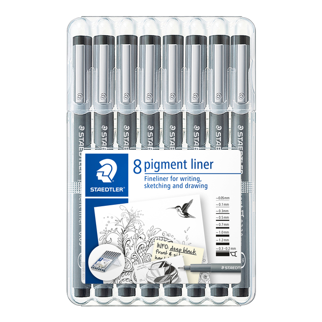 Fineliner Staedtler Pigment 308 zwart 8 stuks