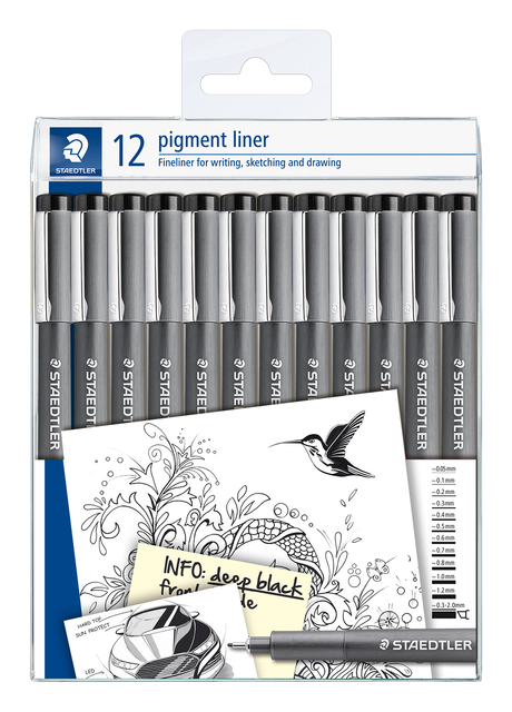 Fineliner Staedtler Pigment 308 zwart set à 12 breedtes