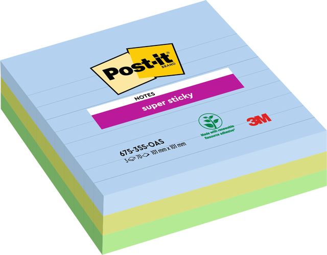 Bloc-mémos Post-it 675-3 Super Sticky 101x101mm Oasis 3 pièces