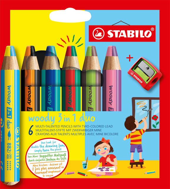 Crayon STABILO Woody 3-en-1 Duo étui 6 pièces + taille-crayon