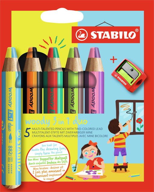 Crayon STABILO Woody 3-en-1 Duo étui 5 pièces + taille-crayon