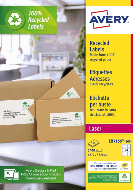 Etiquette Avery LR-7159-100 33,9x63,5mm recyclé blanc 2400 pièces