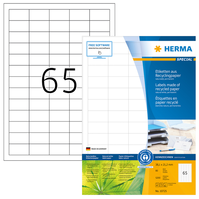 Etiquette HERMA Recycling 10725 38,1x21,2mm blanc 5200 pièces