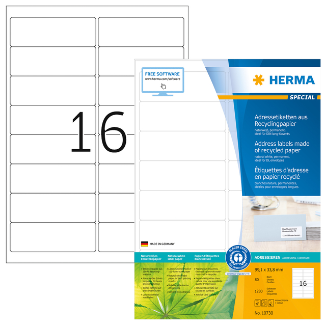 Etiquette HERMA Recycling 10730 99,1x33,8mm blanc 1280 pièces