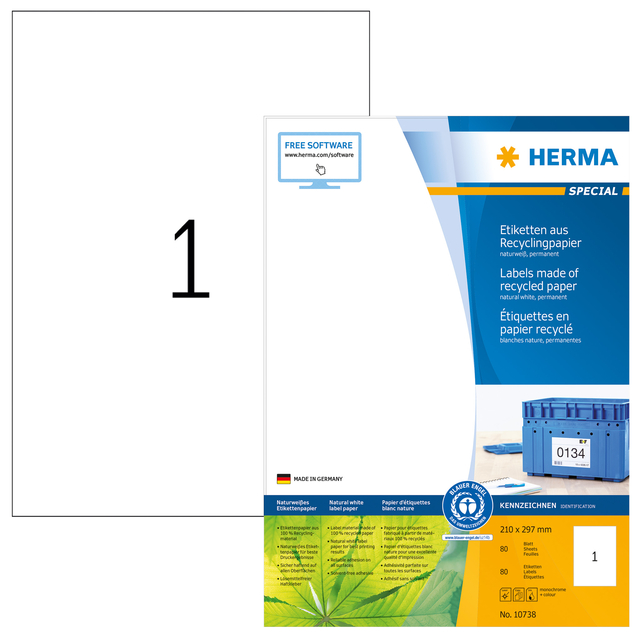 Etiquette HERMA Recycling 10738 210x297mm blanc 80 pièces