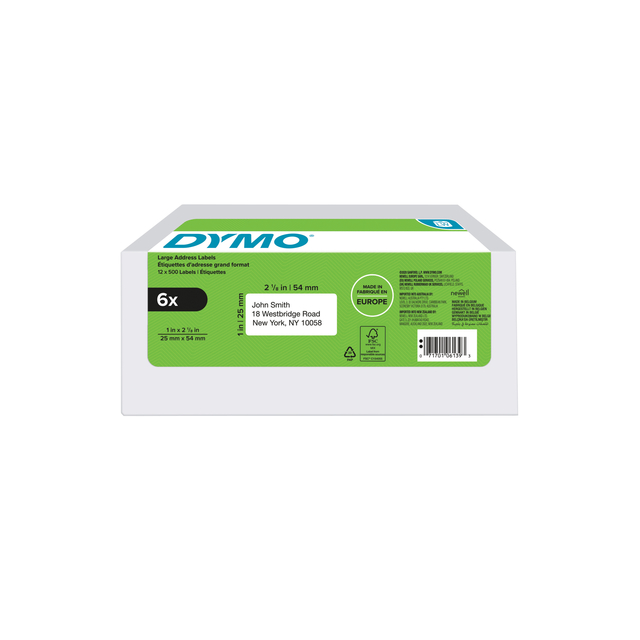 Etiket Dymo LabelWriter adressering 25x54mm 6 rollen á 500 stuks wit